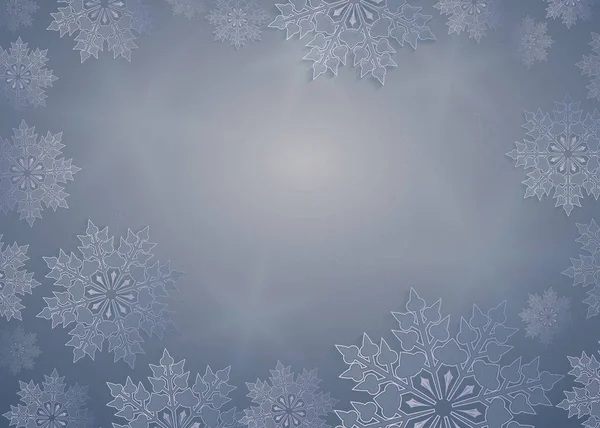 Diseño navideño azul claro con rayos de luz, elegantes copos de nieve blancos , — Archivo Imágenes Vectoriales