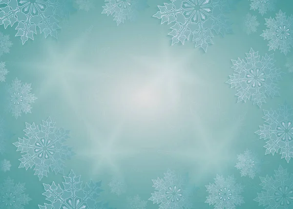 Diseño navideño de color turquesa con rayos de luz, elegantes copos de nieve blancos, marco . — Archivo Imágenes Vectoriales