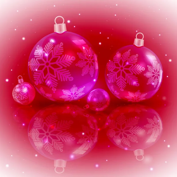 Χριστούγεννα σκούρο κόκκινο σχέδιο με μια σειρά από λαμπερά Χριστούγεννα μπάλες με νιφάδες χιονιού, — Διανυσματικό Αρχείο
