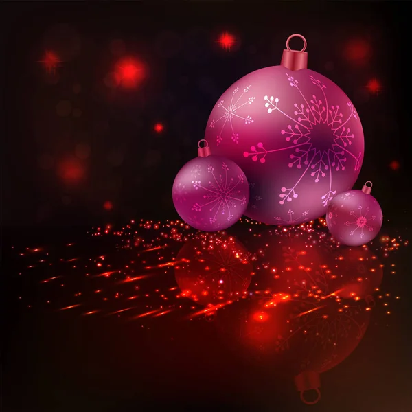 눈송이와 많은 빛의 3 개의 공으로 빨간 크리스마스 배경. — 스톡 벡터