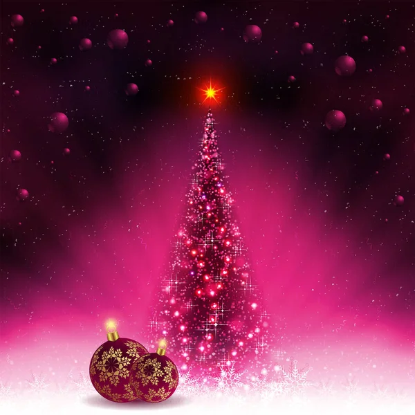 Χριστουγεννιάτικη κάρτα με λαμπερό χριστουγεννιάτικο δέντρο και μπάλες με χρυσά νιφάδες χιονιού. — Διανυσματικό Αρχείο