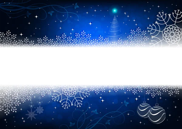 Weihnachtsdesign in blau mit Schneeflocken, Glitzer, kleinem Baum und Kugeln. — Stockvektor
