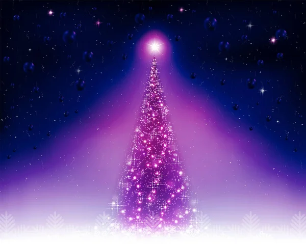 Weihnachtskarte mit einem violett glänzenden Tannenbaum. — Stockvektor