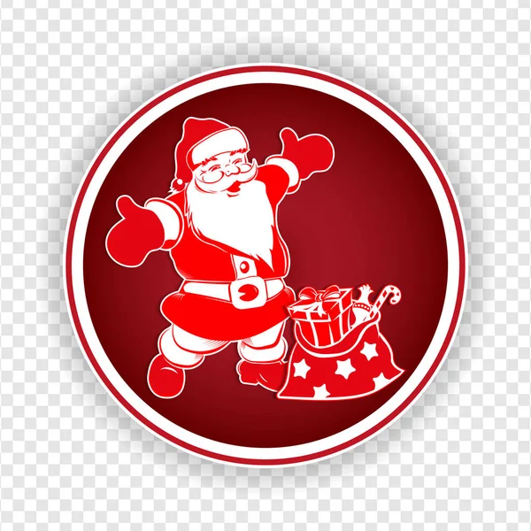 Emblema rojo redondo de Navidad de una silueta de Santa Claus con los brazos separados y una bolsa con regalos . — Vector de stock