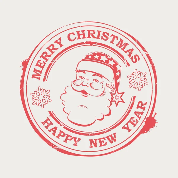 Sello de Navidad con lindo Santa Claus con texto y copos de nieve , — Vector de stock