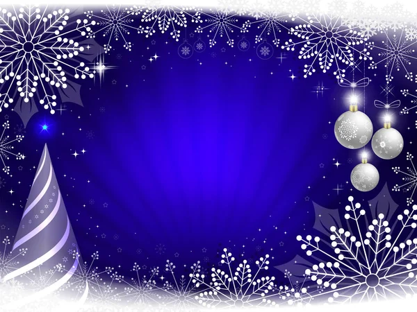 Weihnachtliche dunkelblaue Komposition mit schönen weißen Schneeflocken, abstrakt gestreiftem Weihnachtsbaum und weißen Kugeln. — Stockvektor