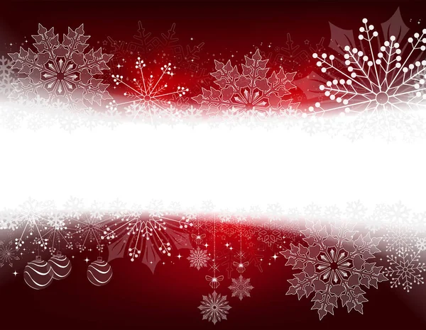 Composición roja navideña con suaves copos de nieve y bolas , — Vector de stock