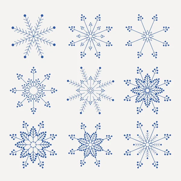 Weihnachtsset aus schönen, zerbrechlichen Schneeflocken mit blauer Tönung, — Stockvektor
