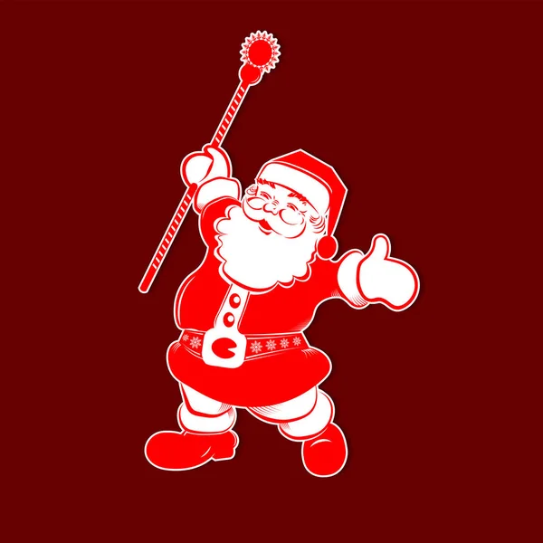 Christmas red white silhouette of Santa Claus with staff raised up. — Stock Vector