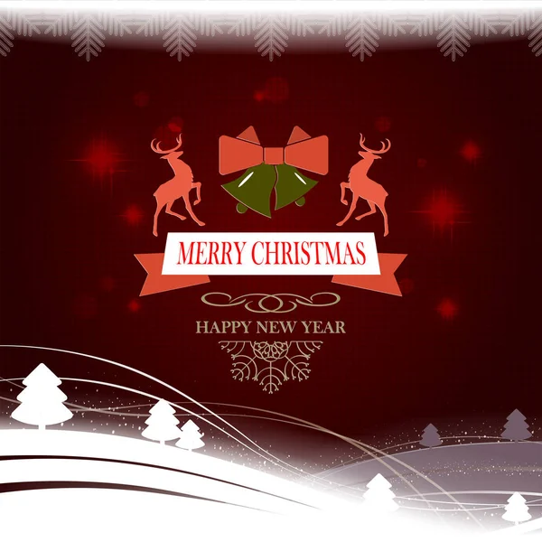 Cartão de Natal com árvores de Natal brancas, dois veados com texto e um conjunto de flocos de neve . — Vetor de Stock