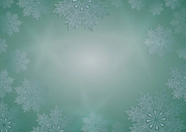 Composición navideña en verde brillante con hermosos copos de nieve blancos . — Archivo Imágenes Vectoriales