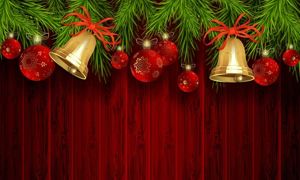Weihnachtsroter Hintergrund mit Tafel-Silhouette, mit goldenen Glocken, Kugeln und Tannenzweigen. — Stockvektor
