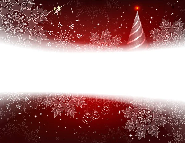 Navidad fondo rojo oscuro con copos de nieve, bolas y árbol de Navidad abstracto . — Vector de stock
