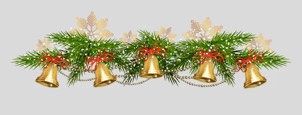 Weihnachtskomposition mit einer Blauglocke, goldenen Schneeflocken und Zweigen eines Weihnachtsbaums. — Stockvektor