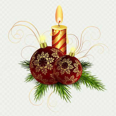 Yanan bir mum, iki Bordo Noel topları altın kar taneleri ile Noel kompozisyon.