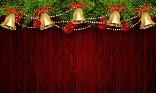 Weihnachtliches rotes Design mit Tafelsilhouette verziert mit Tannenzweigen mit Glocken und Kugeln. — Stockvektor