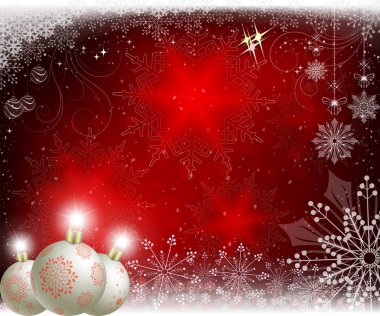 Christmas kırmızı arka plan ile beyaz top kar taneleri ve Noel oyuncaklar ile.