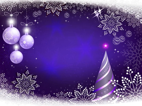 Weihnachten Hintergrund in blau mit weißen Kugeln, Schneeflocken und abstrakten weißen Weihnachtsbaum. — Stockvektor