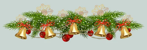 Composição de Natal com sinos, bolas vermelhas, flocos de neve dourados e galhos de árvore de Natal — Vetor de Stock