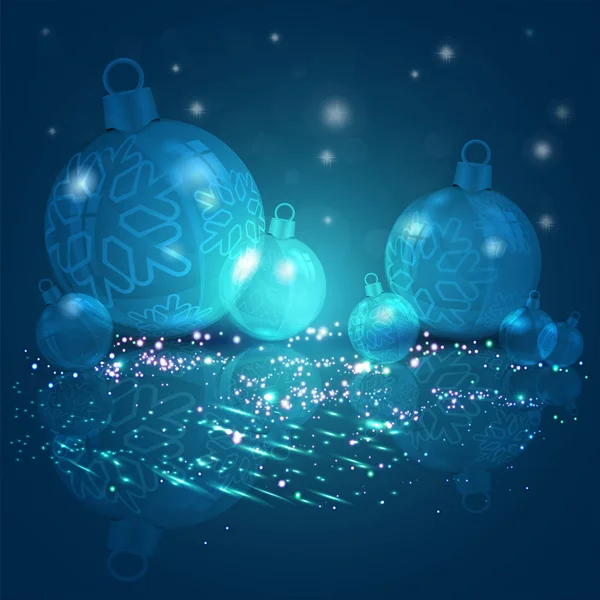 Kerstmis achtergrond donker blauwe kleuren met een reeks van glanzende kerstballen met sneeuwvlokken, 3d illustratie. — Stockvector