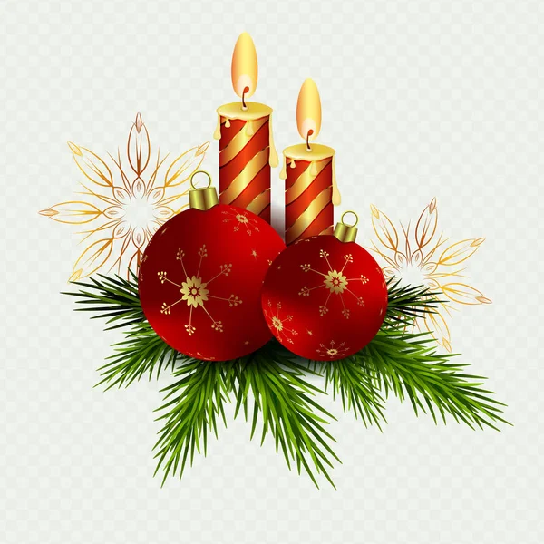 Weihnachtskomposition aus zwei Kerzen und roten Weihnachtskugeln, Schneeflocken und Tannenzweigen — Stockvektor