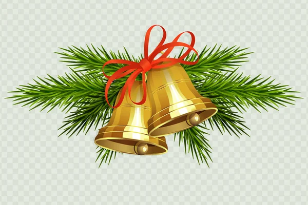 Composição de Natal com sinos dourados com fita vermelha e raminhos de árvore de Natal . —  Vetores de Stock