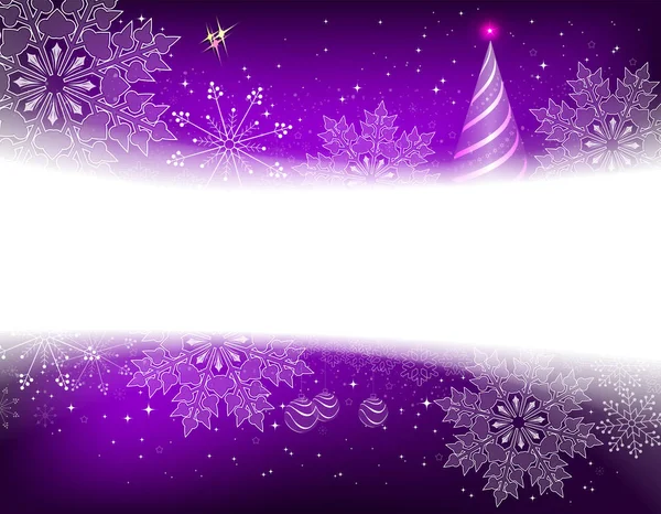 Fondo púrpura de Navidad con copos de nieve, bolas y árbol de Navidad abstracto — Vector de stock