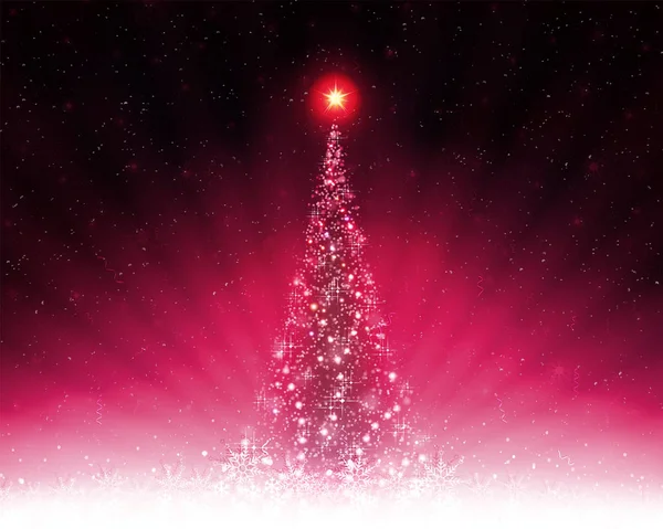 Tarjeta rosa de Navidad con brillante árbol de Navidad, rayos de luz . — Vector de stock