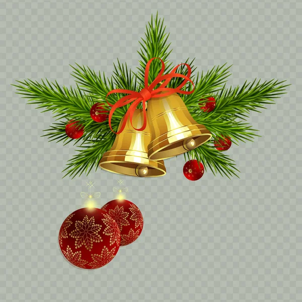 Weihnachtskomposition mit goldenen Glöckchen mit Schleife, Fichtenzweigen und roten Kugeln mit Schneeflocken, — Stockvektor