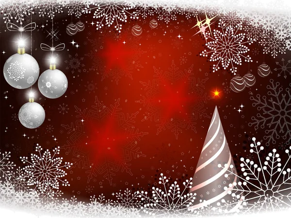 Fondo rojo de Navidad con abeto, bolas de Navidad blancas y copos de nieve . — Vector de stock