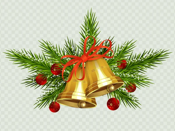 Composição de Natal com dois sinos dourados com fita vermelha, ramos de abeto e bolas vermelhas . —  Vetores de Stock