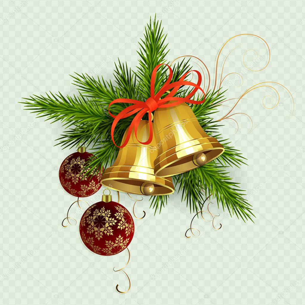 Christmas composition of spruce green twigs, golden bells with red ribbon, design element.