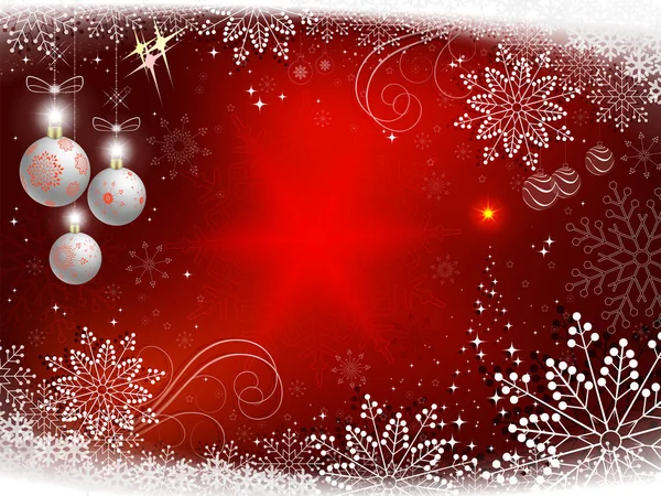 Kerstmis rode achtergrond met glanzende spar, kerstballen en sneeuwvlokken. — Stockvector