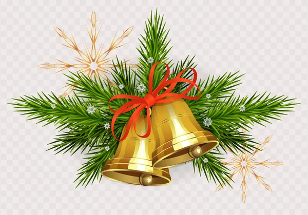 Weihnachtliches Arrangement aus fichtengrünen Zweigen, goldenen Glöckchen mit rotem Band und goldenen Schneeflocken — Stockvektor