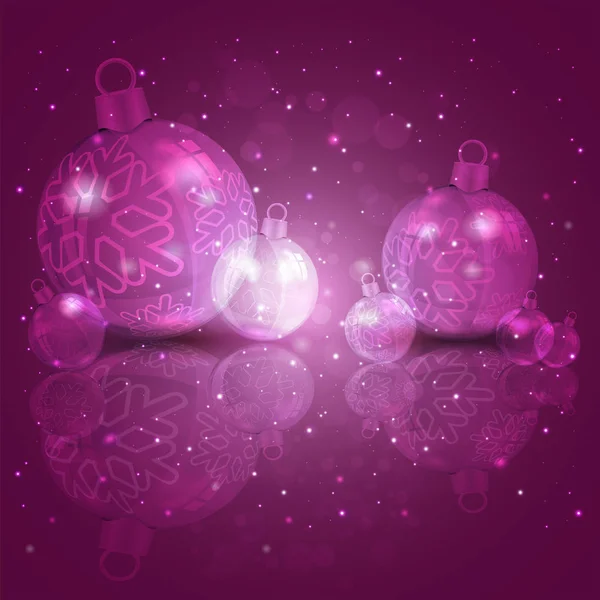 Weihnachten lila Design mit einer Reihe von glänzenden Weihnachtskugeln mit Schneeflocken, 3D-Illustration. — Stockvektor