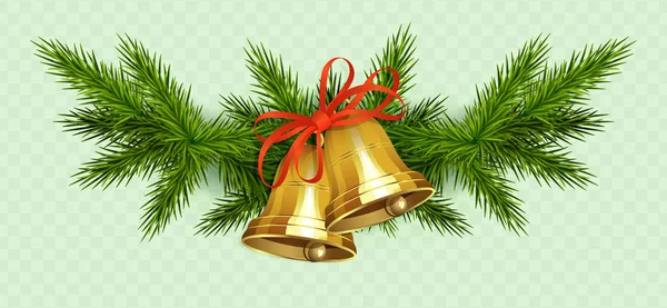 Weihnachtskomposition aus fichtengrünen Zweigen, zwei goldenen Glocken mit rotem Band — Stockvektor