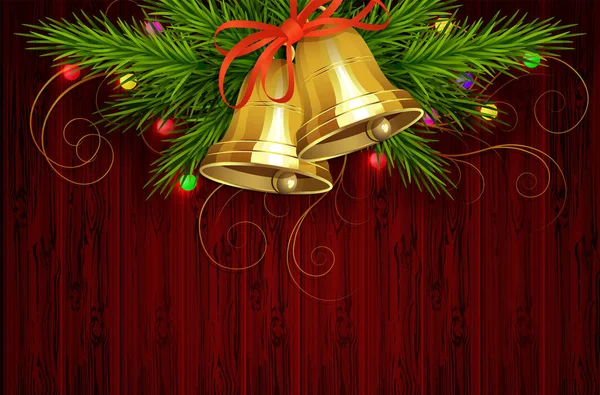 Weihnachtlich roter Hintergrund mit Tafelsilhouette, Tannenzweigen und goldenen Glocken. — Stockvektor