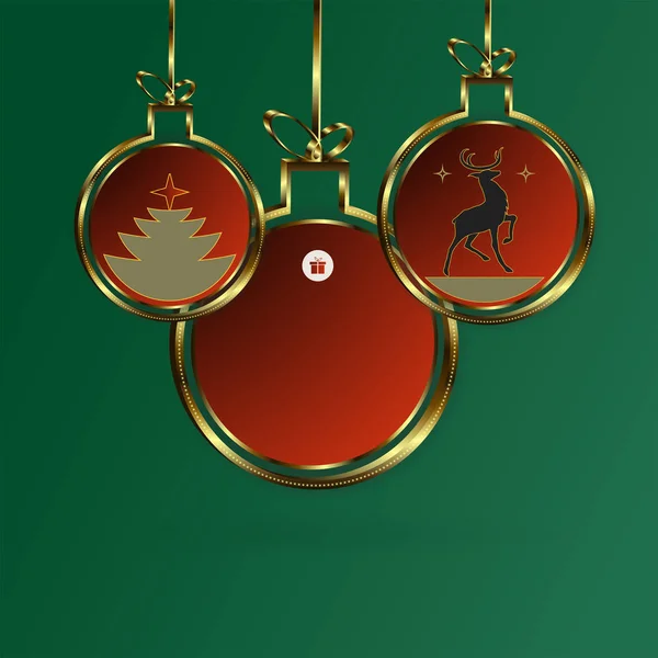 鹿とクリスマス ツリーのシルエットを持つ抽象的な金枠ボールでクリスマス組成. — ストックベクタ