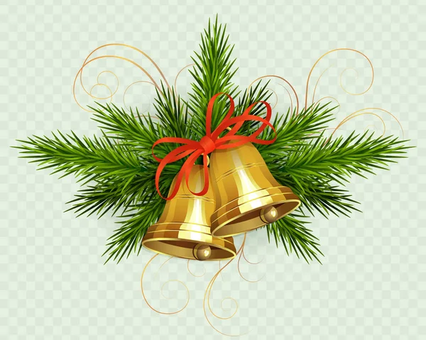 Weihnachtliche Komposition Aus Fichtengrünen Zweigen Und Goldenen Glocken Mit Roter — Stockvektor