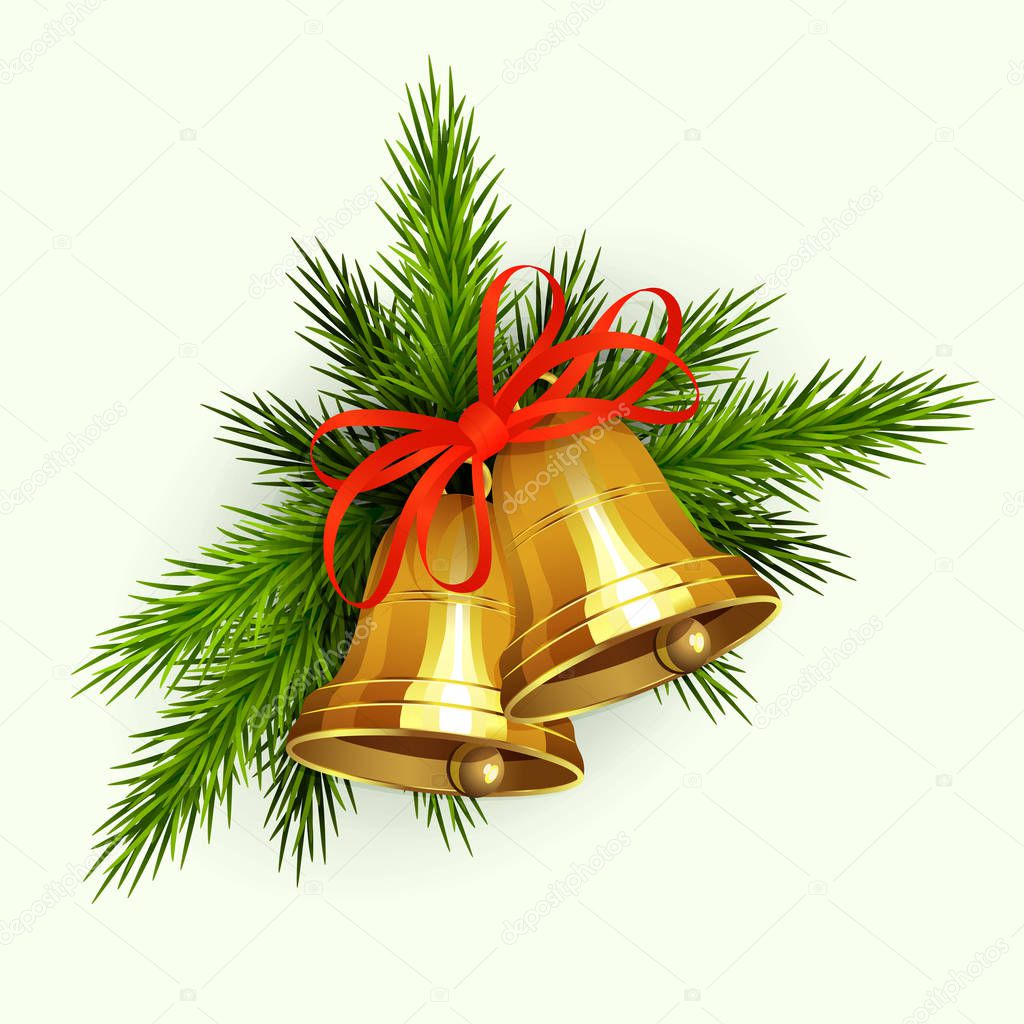 Christmas composition of green spruce branches, golden bells with red ribbon, design element.