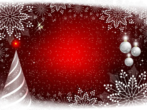 赤のクリスマス デザインの穏やかなと光の雪の結晶 クリスマス雪白い毛皮ツリーとボール — ストックベクタ