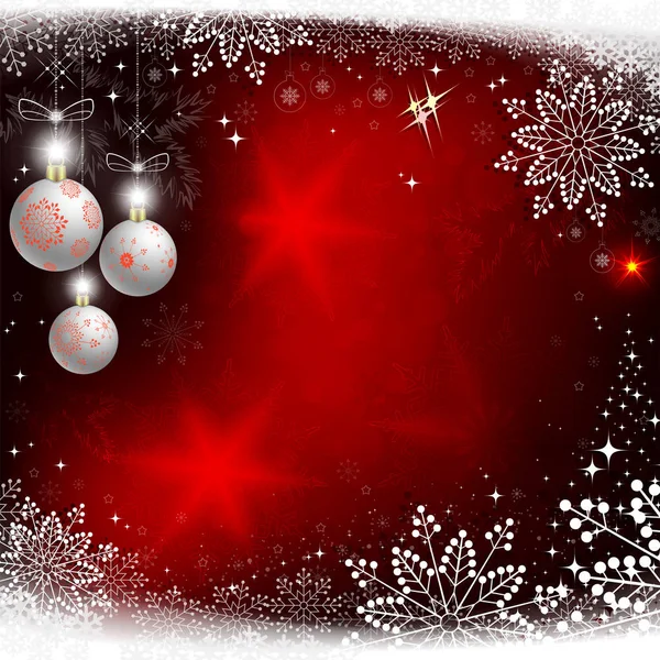 Fondo Rojo Navideño Con Bolas Blancas Copos Nieve — Vector de stock