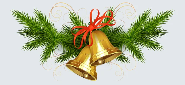 Weihnachtliches Arrangement aus fichtengrünen Zweigen und goldenen Glocken mit roter Schleife — Stockvektor