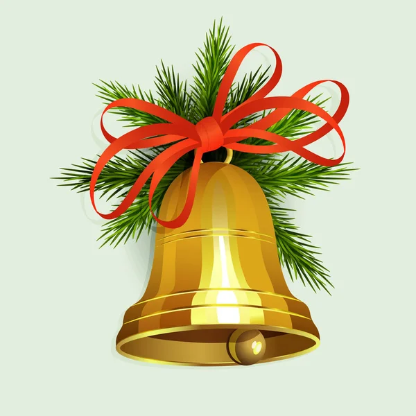 Weihnachtliches Arrangement aus fichtengrünen Zweigen und einer goldenen Glocke mit roter Schleife — Stockvektor