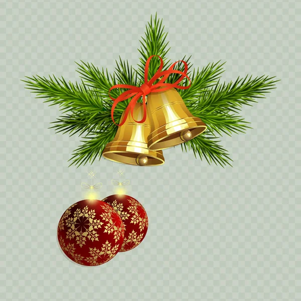Weihnachtskomposition mit goldenen Glocken mit roter Schleife, Fichtenzweigen und zwei roten Kugeln — Stockvektor