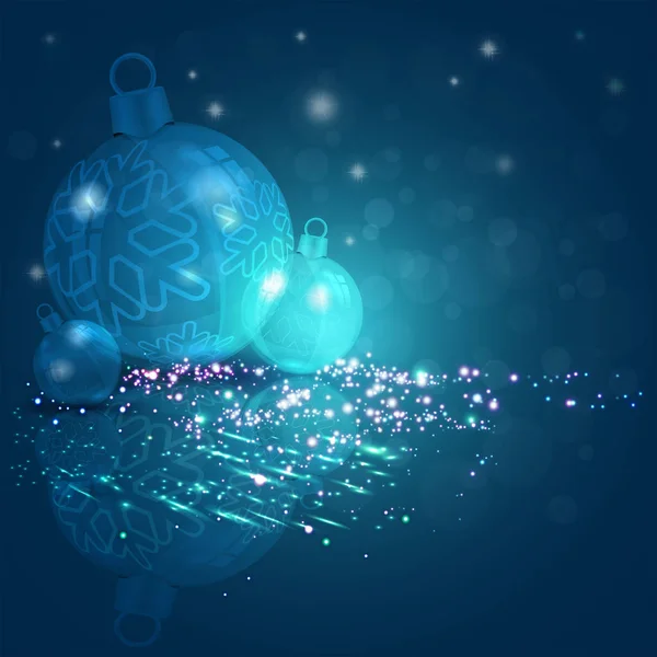 Kerstmis achtergrond donker blauw, turquoise kleur met een reeks van glanzende kerstballen met sneeuwvlokken. — Stockvector