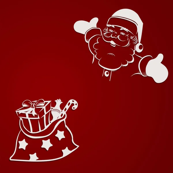 Composition rouge de Noël des silhouettes du Père Noël et un sac avec des cadeaux, une carte postale . — Image vectorielle