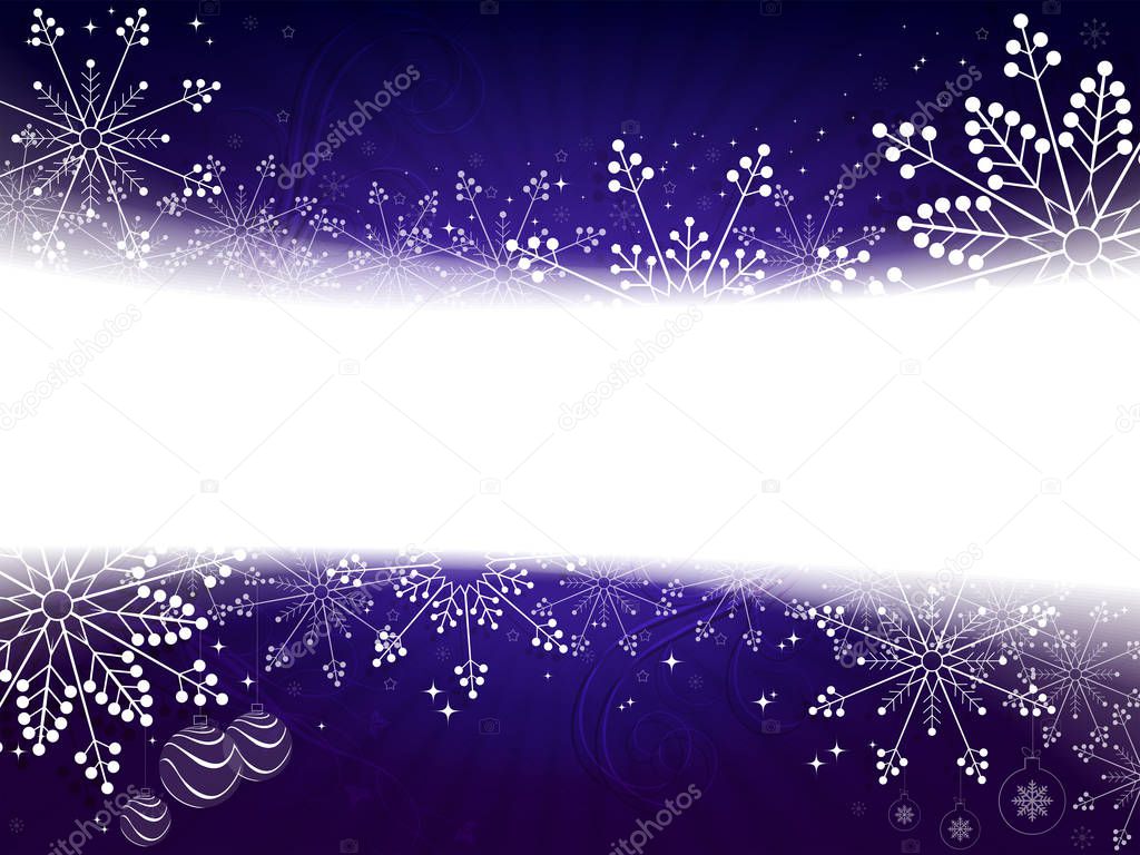 Christmas blue background with a silhouette of balls and a set of elegant, delicate snowflakes.