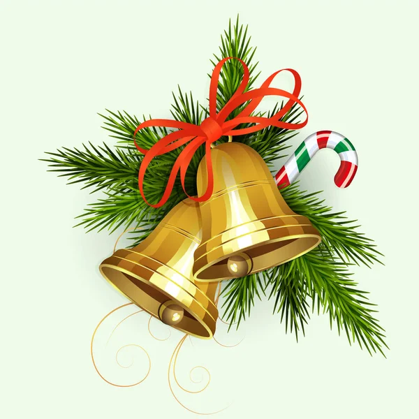 Weihnachtsschmuck aus fichtengrünen Zweigen, goldenen Glocken und einem Stab. — Stockvektor
