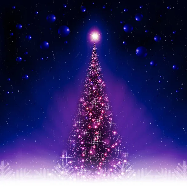 Dunkelblaue Postkarte mit glänzendem Weihnachtsbaum und Kugeln, Silhouetten von Bändern und weißen Schneeflocken. — Stockvektor
